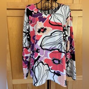 Christopher & Banks Pink, Purple and Black Floral Long Sleeve Scoop Neck Top